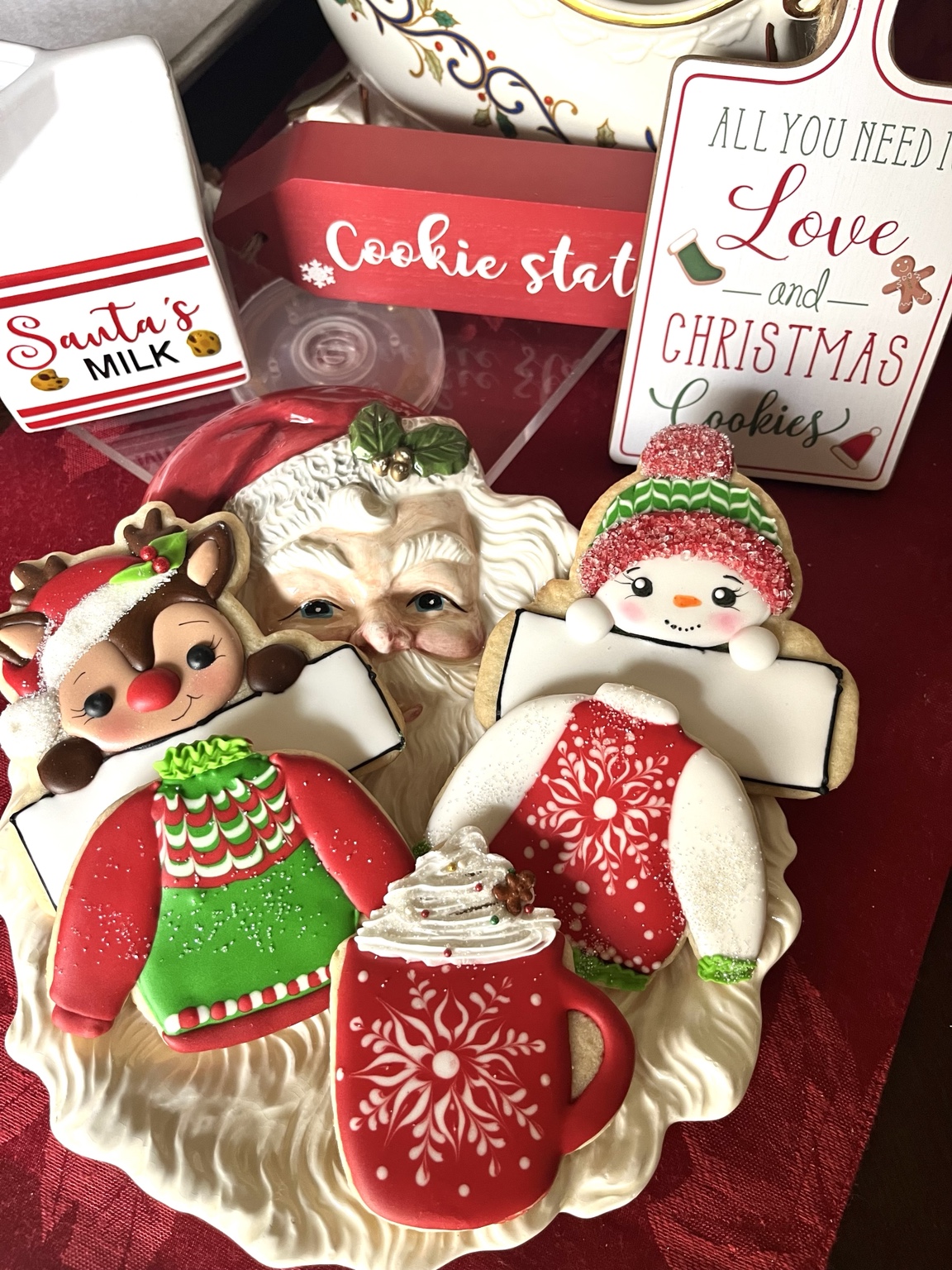 Christmas sweater, snowman, reindeer, and cocoa mug cookies